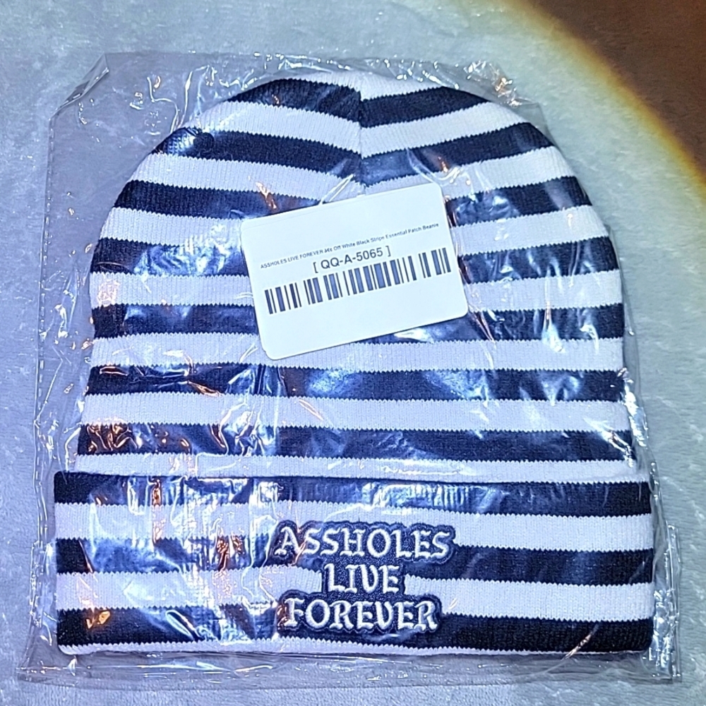 NWT Assholes Live Forever Black White Stripped Beanie ALF Embroidered Logo